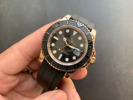 Luxury Rose Gold Black Diver Watch  Automatic Movement, Ceramic Bezel, Sapphire Crystal, Rubber Strap