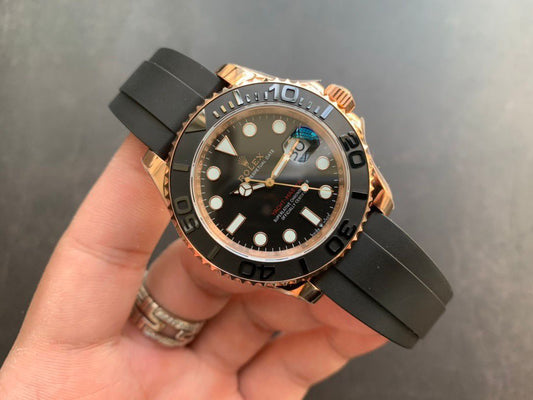 Luxury Rose Gold Black Diver Watch  Automatic Movement, Ceramic Bezel, Sapphire Crystal, Rubber Strap